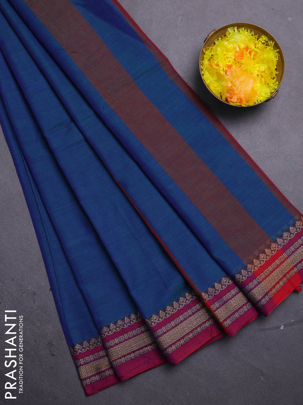 Narayanpet cotton saree dual shade of greenish blue and maroon with plain body and thread woven border