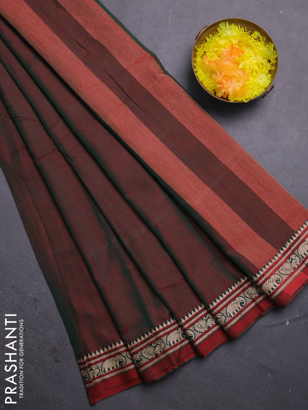 Narayanpet cotton saree dual shade of greenish maroon and maroon with plain body and thread woven border