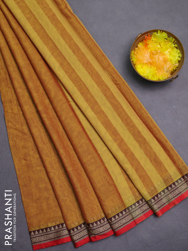 Narayanpet cotton saree mustard yellow and maroon with plain body and thread woven border