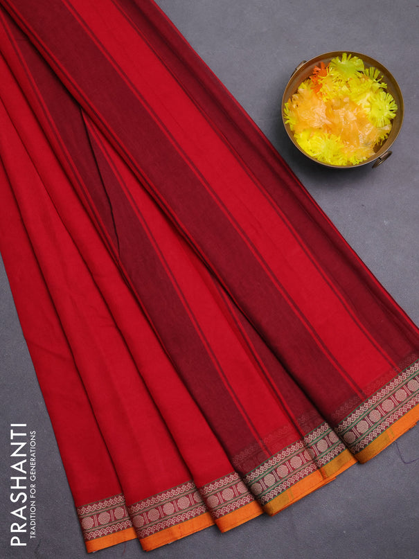 Narayanpet cotton saree red and orange with plain body and thread woven border