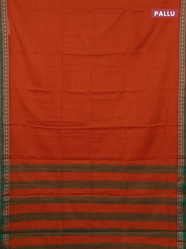Narayanpet cotton saree rust shade and green with plain body and thread woven border