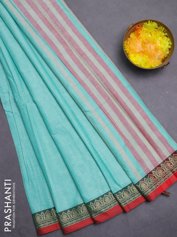 Narayanpet cotton saree teal green and rust shade with plain body and thread woven border