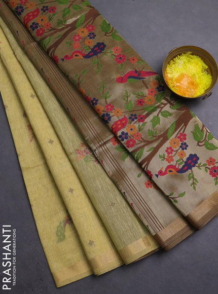 Semi linen saree sandal and brown with allover thread woven buttas and paithani pallu