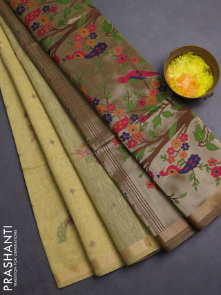 Semi linen saree sandal and brown with allover thread woven buttas and paithani pallu