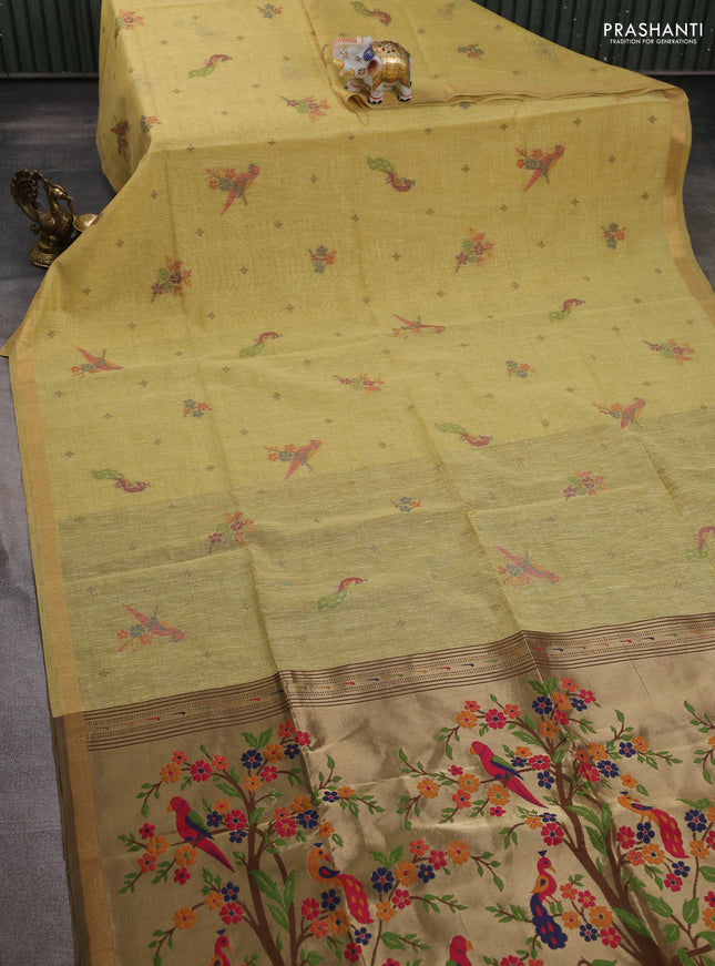 Semi linen saree sandal and brown with allover thread woven buttas and paithani pallu