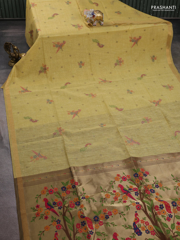 Semi linen saree sandal and brown with allover thread woven buttas and paithani pallu