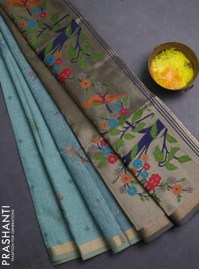 Semi linen saree teal blue and navy blue with allover thread woven buttas and paithani pallu