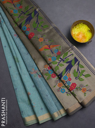 Semi linen saree teal blue and navy blue with allover thread woven buttas and paithani pallu