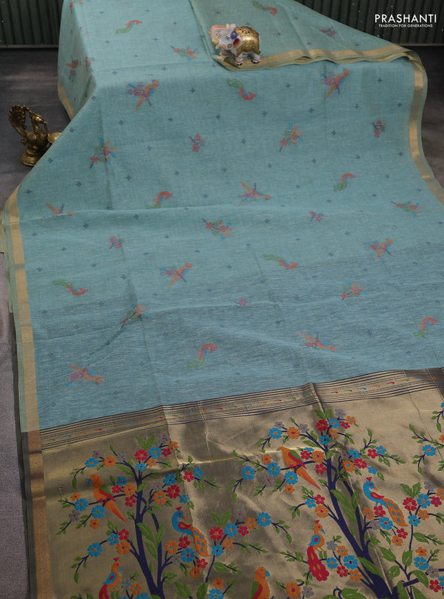 Semi linen saree teal blue and navy blue with allover thread woven buttas and paithani pallu
