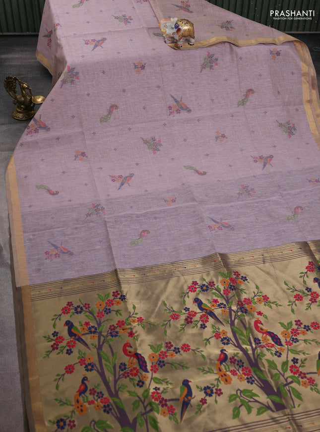 Semi linen saree pastel pink and wine shade with allover thread woven buttas and paithani pallu