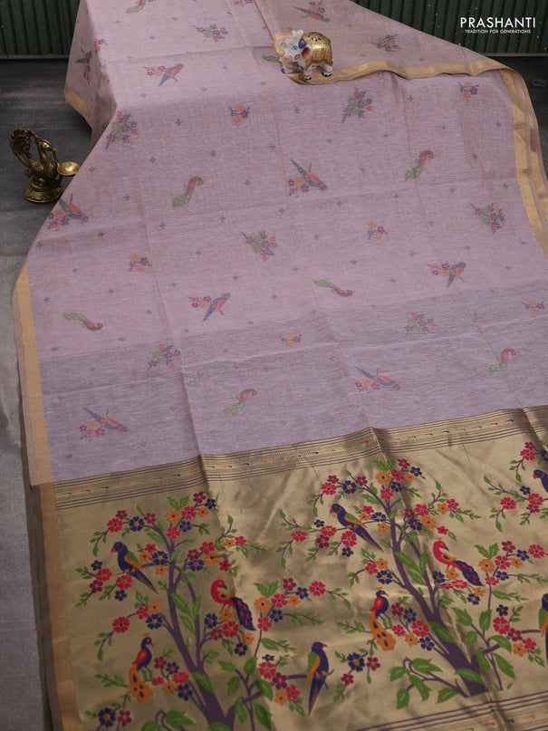 Semi linen saree pastel pink and wine shade with allover thread woven buttas and paithani pallu