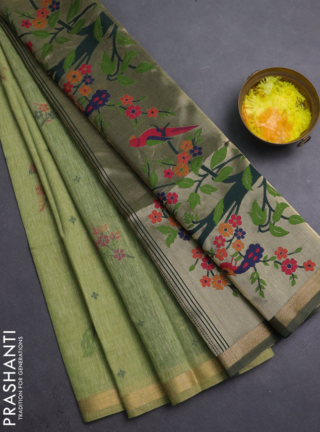 Semi linen saree light green and bottle green with allover thread woven buttas and paithani pallu