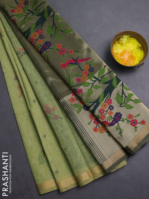 Semi linen saree light green and bottle green with allover thread woven buttas and paithani pallu