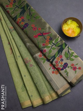 Semi linen saree light green and bottle green with allover thread woven buttas and paithani pallu