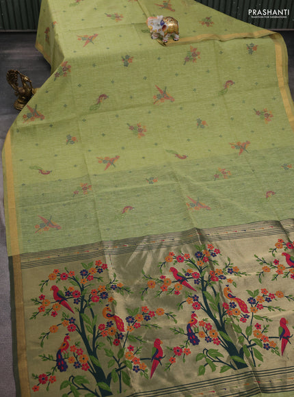 Semi linen saree light green and bottle green with allover thread woven buttas and paithani pallu