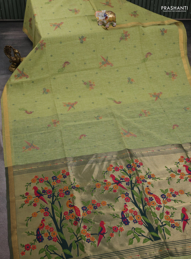 Semi linen saree light green and bottle green with allover thread woven buttas and paithani pallu