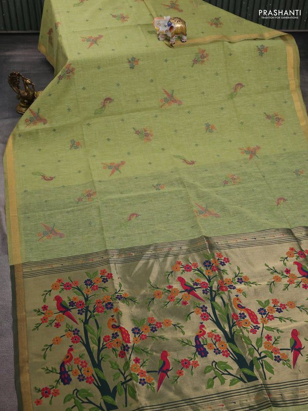 Semi linen saree light green and bottle green with allover thread woven buttas and paithani pallu