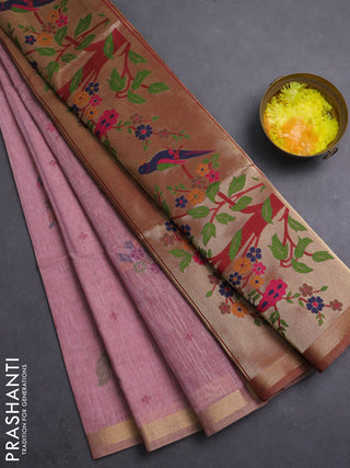 Semi linen saree peach pink and maroon with allover thread woven buttas and paithani pallu