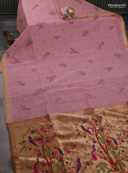 Semi linen saree peach pink and maroon with allover thread woven buttas and paithani pallu