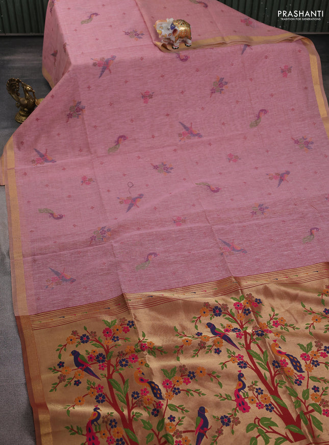 Semi linen saree peach pink and maroon with allover thread woven buttas and paithani pallu