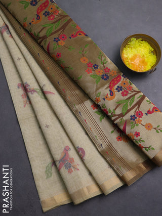 Semi linen saree beige and brown with allover thread woven buttas and paithani pallu