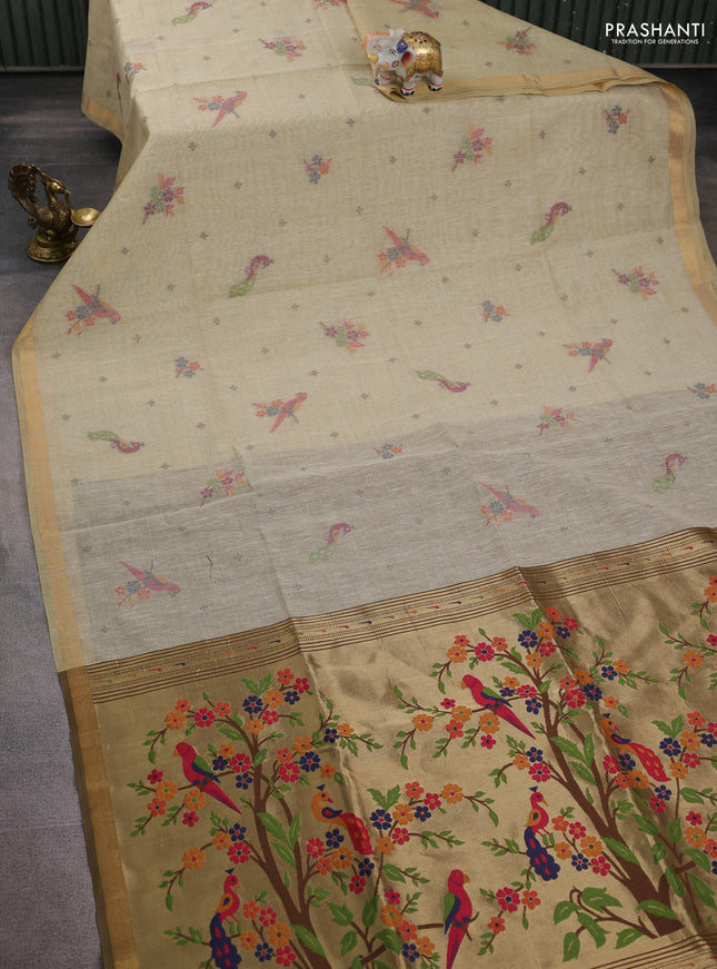 Semi linen saree beige and brown with allover thread woven buttas and paithani pallu