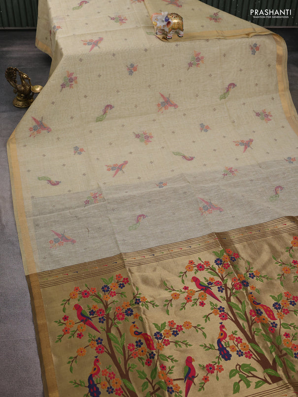 Semi linen saree beige and brown with allover thread woven buttas and paithani pallu