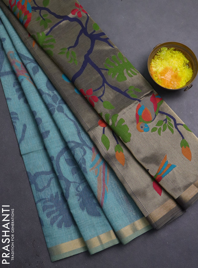 Semi linen saree teal blue and navy blue with allover thread weaves and paithani pallu
