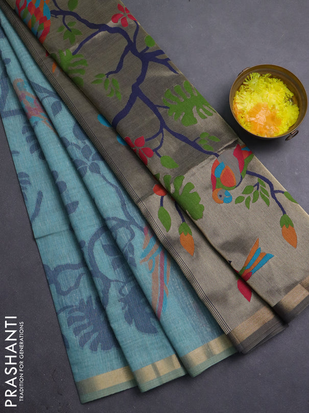 Semi linen saree teal blue and navy blue with allover thread weaves and paithani pallu