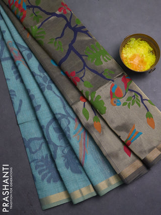 Semi linen saree teal blue and navy blue with allover thread weaves and paithani pallu