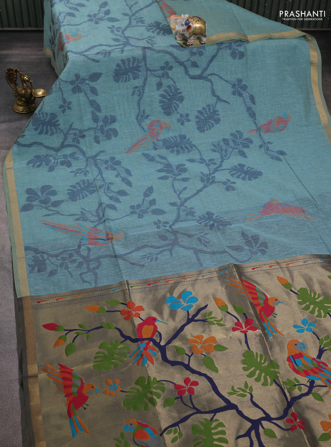 Semi linen saree teal blue and navy blue with allover thread weaves and paithani pallu