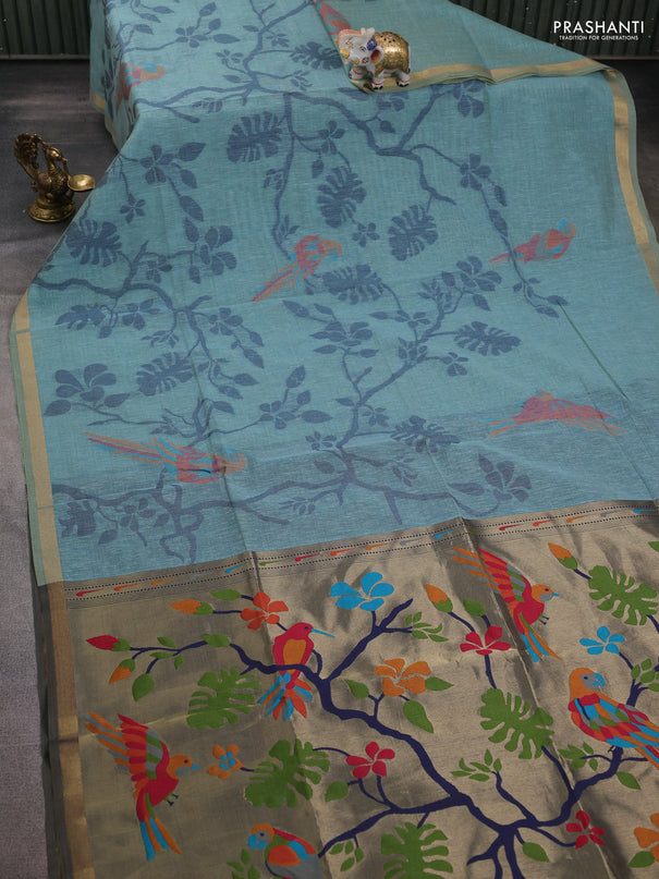 Semi linen saree teal blue and navy blue with allover thread weaves and paithani pallu
