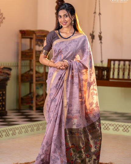 Semi linen saree pastel pink and purple shade with allover thread weaves and paithani pallu