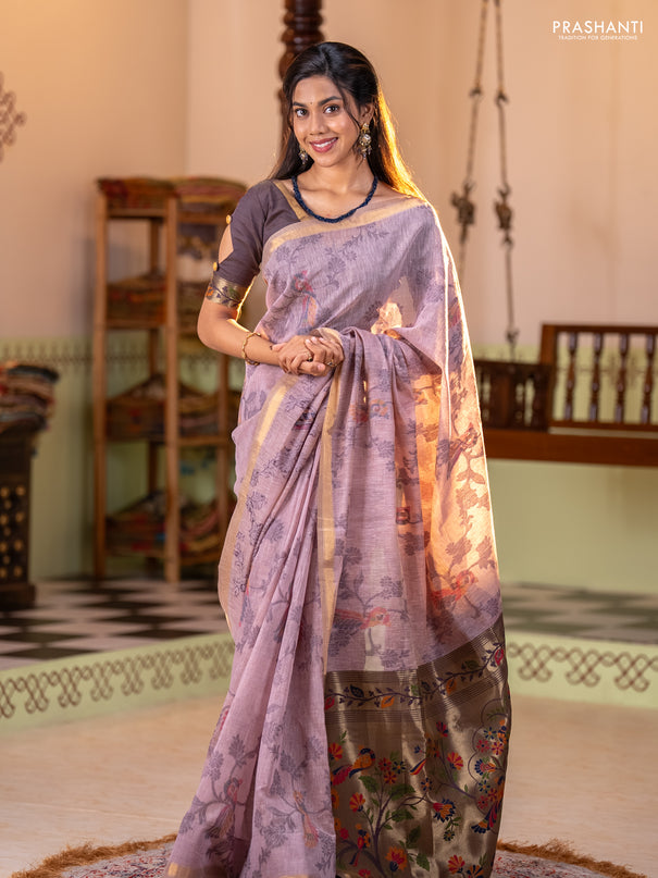 Semi linen saree pastel pink and purple shade with allover thread weaves and paithani pallu
