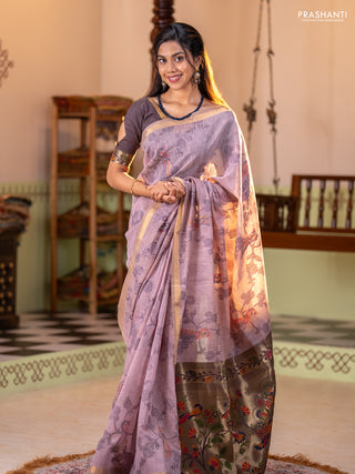 Semi linen saree pastel pink and purple shade with allover thread weaves and paithani pallu
