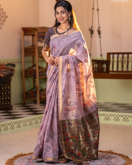 Semi linen saree pastel pink and purple shade with allover thread weaves and paithani pallu