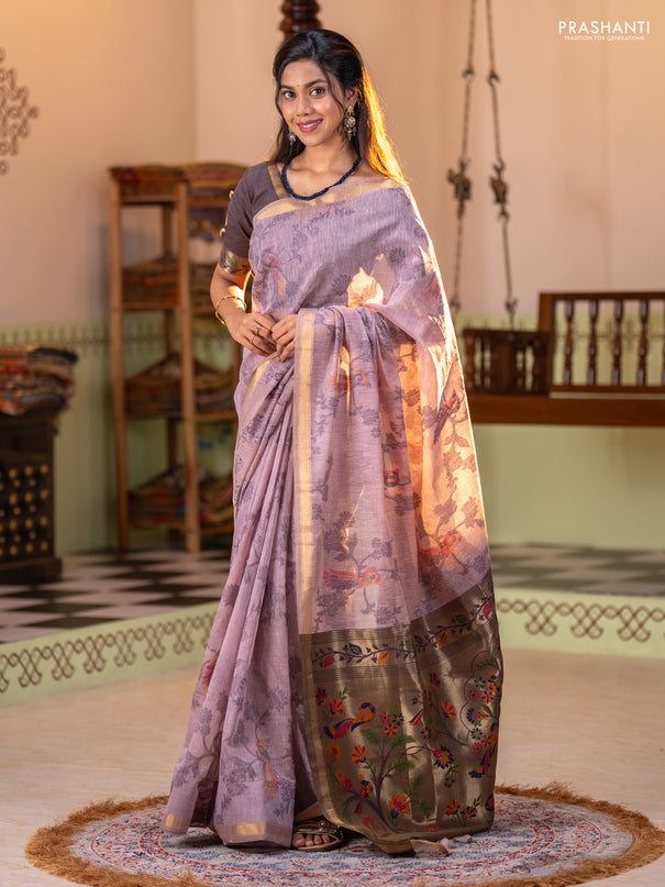Semi linen saree pastel pink and purple shade with allover thread weaves and paithani pallu