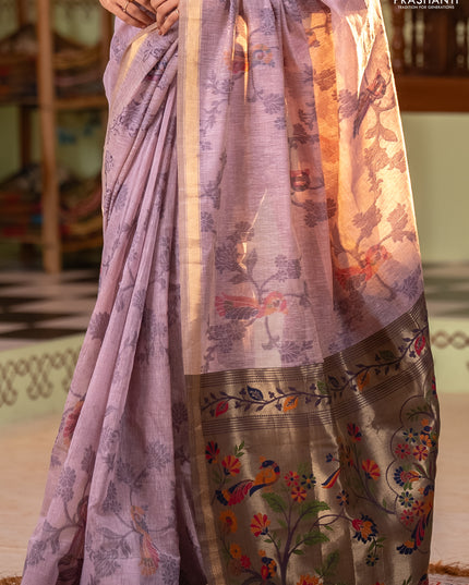 Semi linen saree pastel pink and purple shade with allover thread weaves and paithani pallu