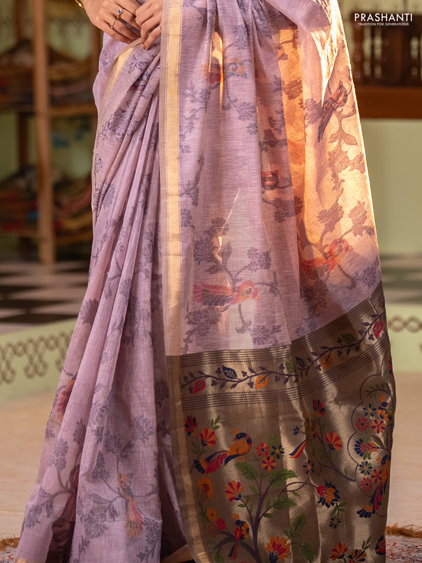 Semi linen saree pastel pink and purple shade with allover thread weaves and paithani pallu
