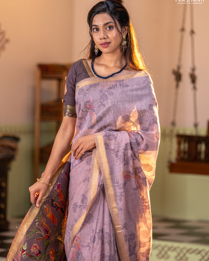 Semi linen saree pastel pink and purple shade with allover thread weaves and paithani pallu