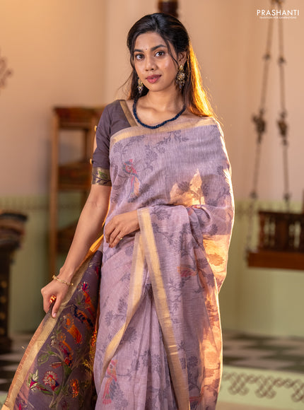 Semi linen saree pastel pink and purple shade with allover thread weaves and paithani pallu