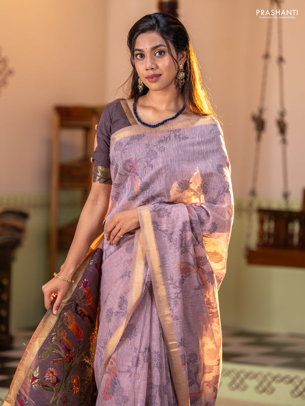 Semi linen saree pastel pink and purple shade with allover thread weaves and paithani pallu