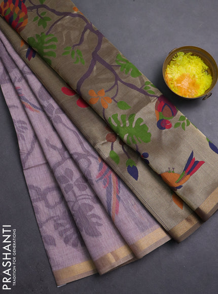 Semi linen saree pastel pink and purple shade with allover thread weaves and paithani pallu