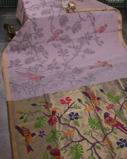 Semi linen saree pastel pink and purple shade with allover thread weaves and paithani pallu