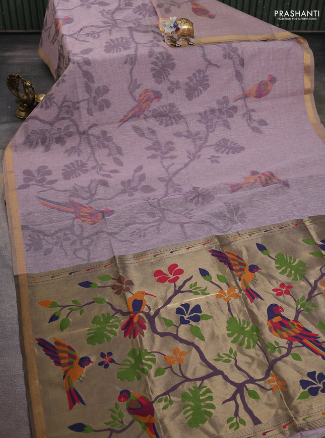 Semi linen saree pastel pink and purple shade with allover thread weaves and paithani pallu