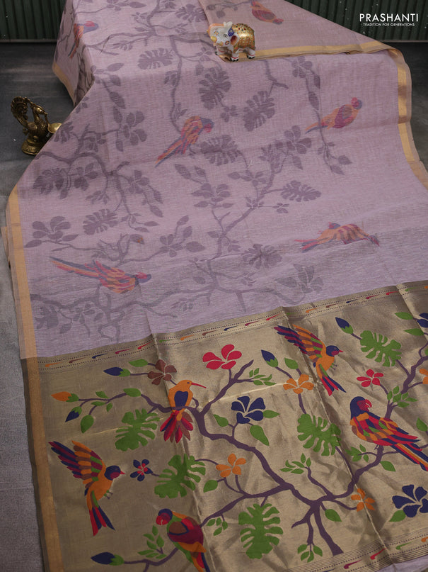 Semi linen saree pastel pink and purple shade with allover thread weaves and paithani pallu