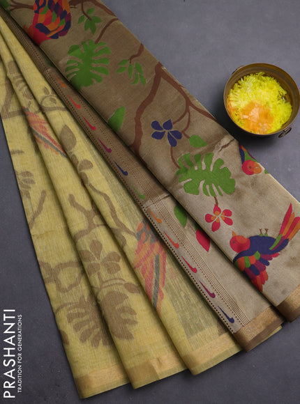 Semi linen saree sandal and brown with allover thread weaves and paithani pallu