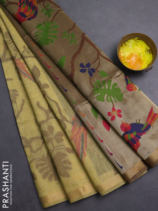 Semi linen saree sandal and brown with allover thread weaves and paithani pallu