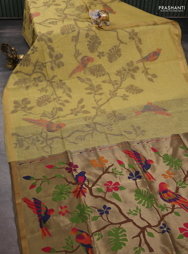 Semi linen saree sandal and brown with allover thread weaves and paithani pallu