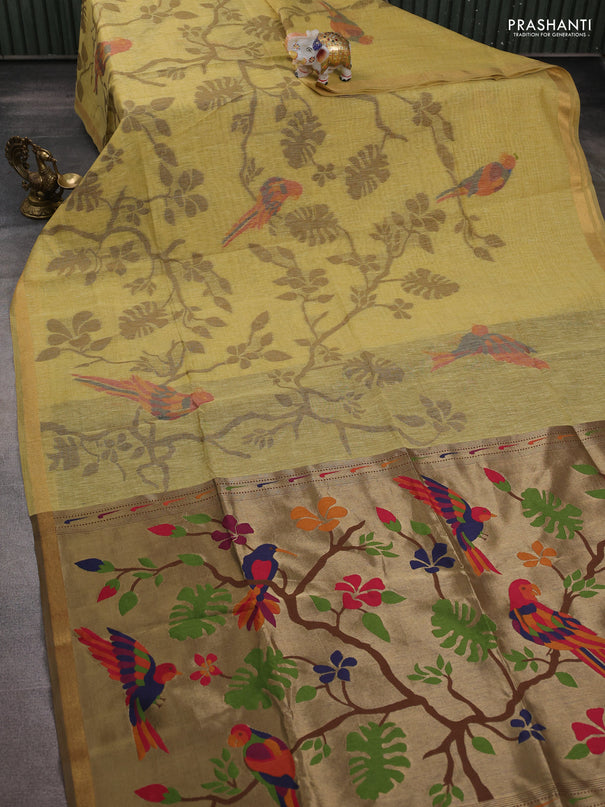 Semi linen saree sandal and brown with allover thread weaves and paithani pallu